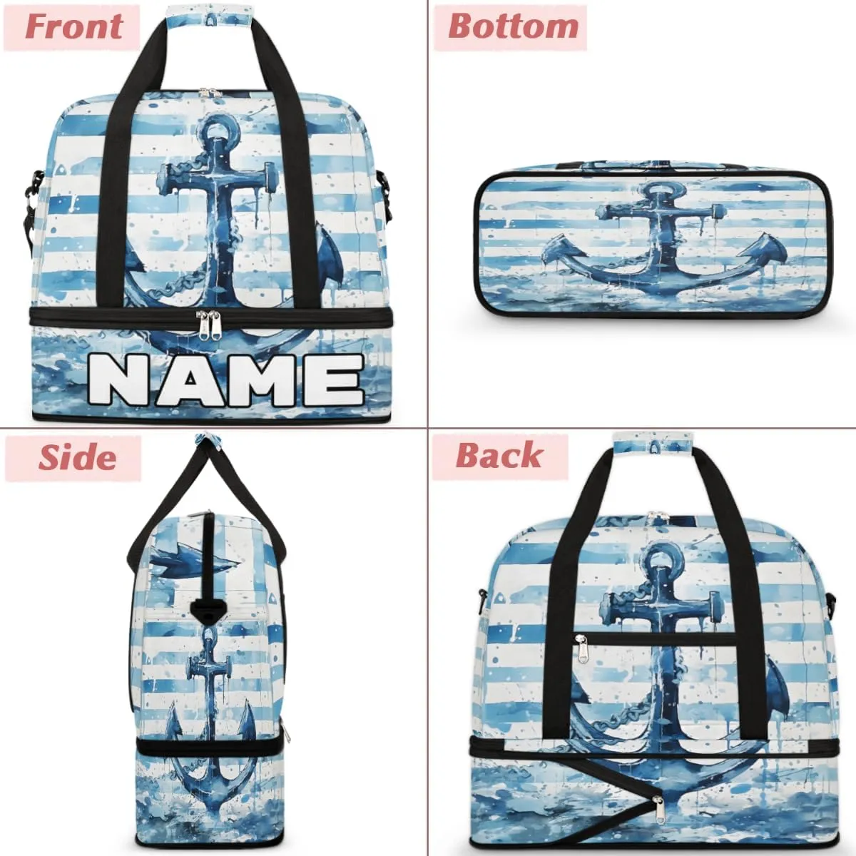 Blue Anchor Custom Foldable Duffle Bag with Shoes Compartment Personalized Large Capacity Waterproof Travel Weekender Bag Overnight Bag for Sports Gym