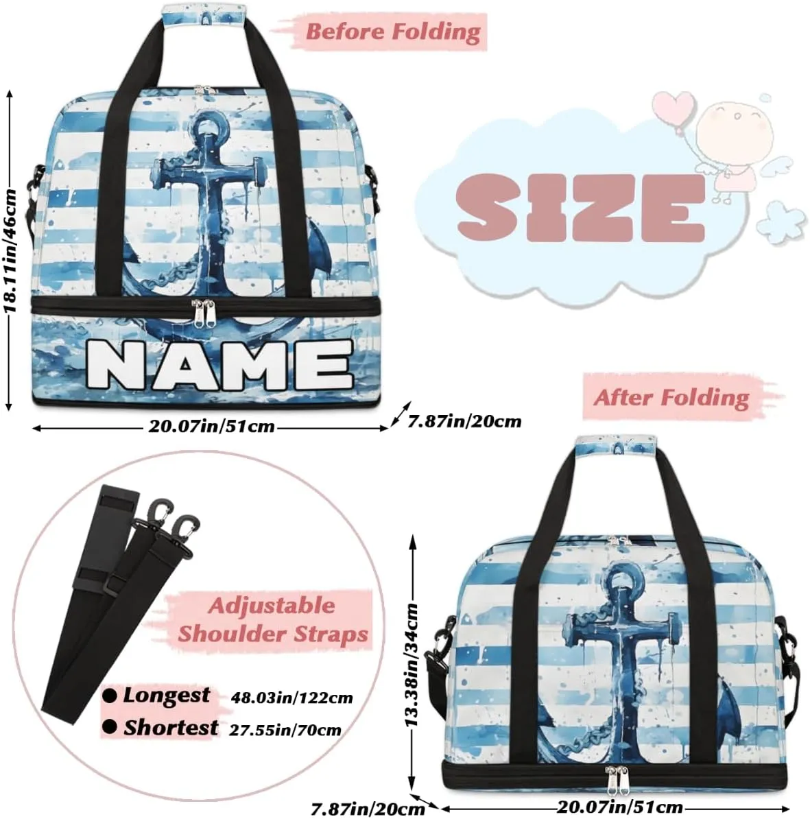 Blue Anchor Custom Foldable Duffle Bag with Shoes Compartment Personalized Large Capacity Waterproof Travel Weekender Bag Overnight Bag for Sports Gym