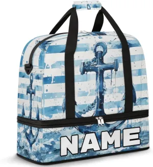 Blue Anchor Custom Foldable Duffle Bag with Shoes Compartment Personalized Large Capacity Waterproof Travel Weekender Bag Overnight Bag for Sports Gym