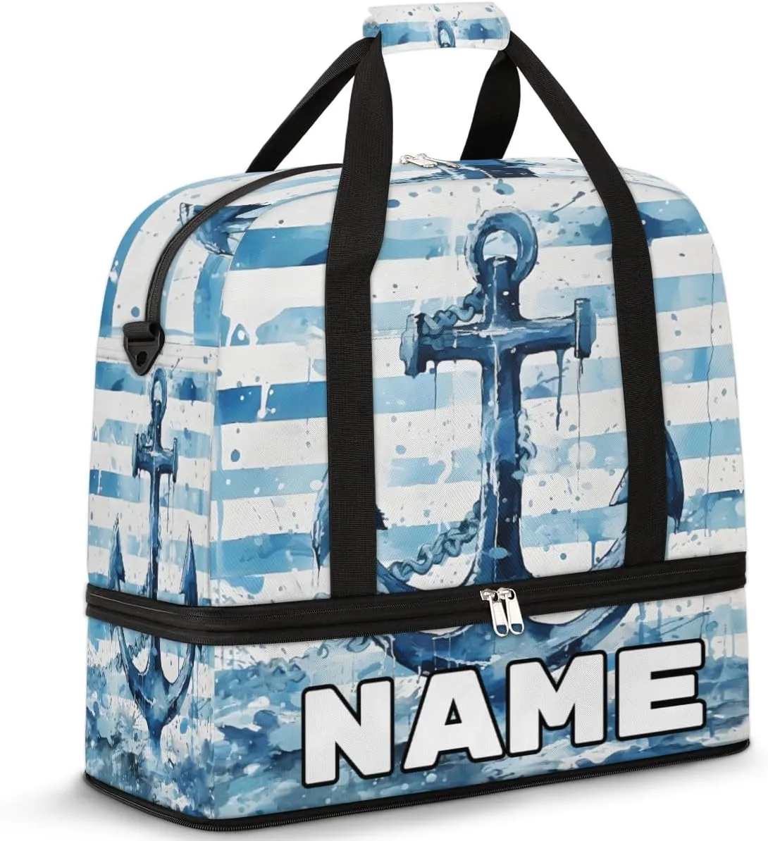 Blue Anchor Custom Foldable Duffle Bag with Shoes Compartment Personalized Large Capacity Waterproof Travel Weekender Bag Overnight Bag for Sports Gym