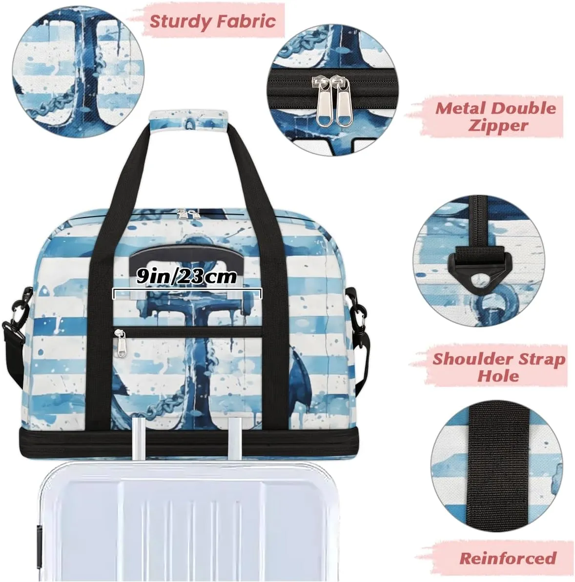 Blue Anchor Custom Foldable Duffle Bag with Shoes Compartment Personalized Large Capacity Waterproof Travel Weekender Bag Overnight Bag for Sports Gym