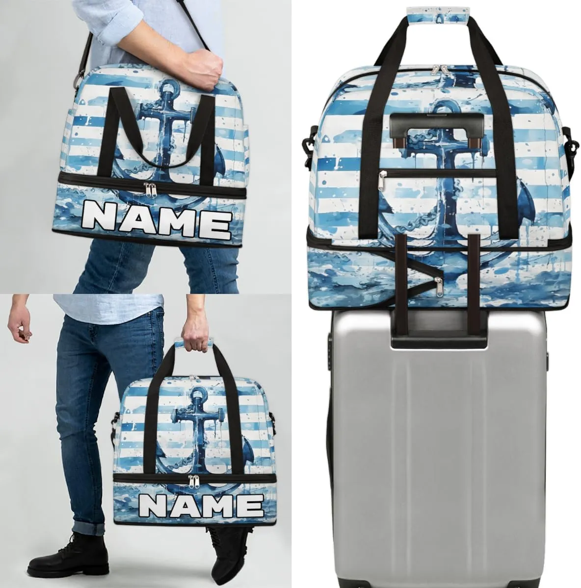 Blue Anchor Custom Foldable Duffle Bag with Shoes Compartment Personalized Large Capacity Waterproof Travel Weekender Bag Overnight Bag for Sports Gym