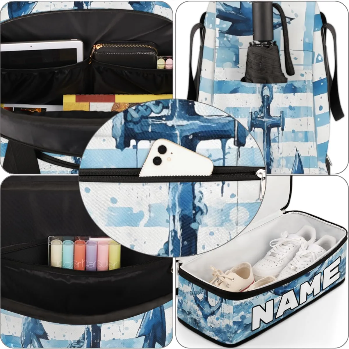 Blue Anchor Custom Foldable Duffle Bag with Shoes Compartment Personalized Large Capacity Waterproof Travel Weekender Bag Overnight Bag for Sports Gym
