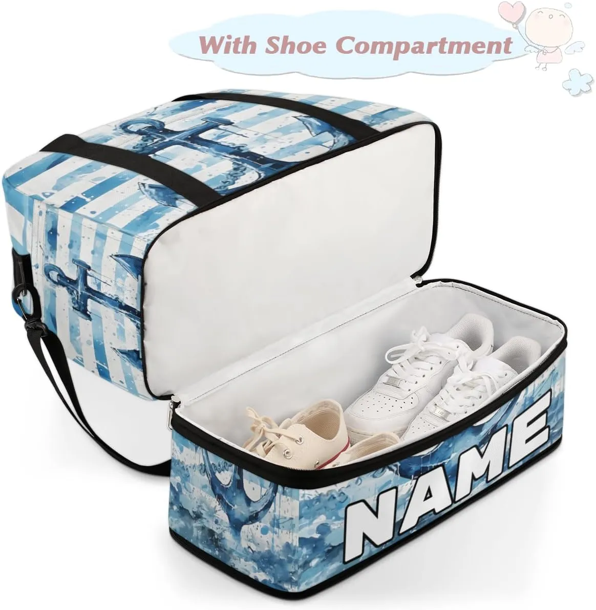 Blue Anchor Custom Foldable Duffle Bag with Shoes Compartment Personalized Large Capacity Waterproof Travel Weekender Bag Overnight Bag for Sports Gym