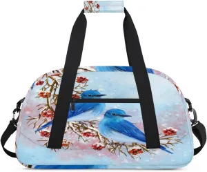 Blue Bird Gym Duffel Bag for Men Women Christmas Berries Sports Tote Bag with Adjustable Shoulder Strap for Dance Gymnastics Traveling Outdoor Camping Overnight Stay