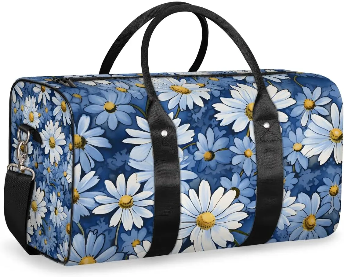 Blue Daisy Travel Duffel Bag for Women Men Waterproof Foldable Overnight Weekender Bag Large Capacity Sports Gym Bag