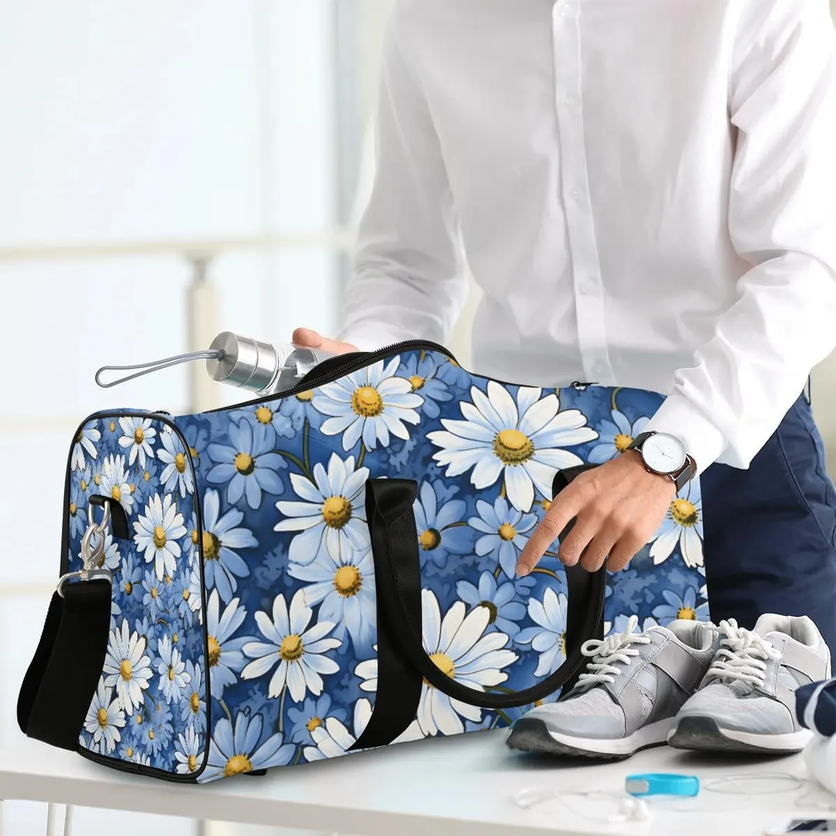 Blue Daisy Travel Duffel Bag for Women Men Waterproof Foldable Overnight Weekender Bag Large Capacity Sports Gym Bag