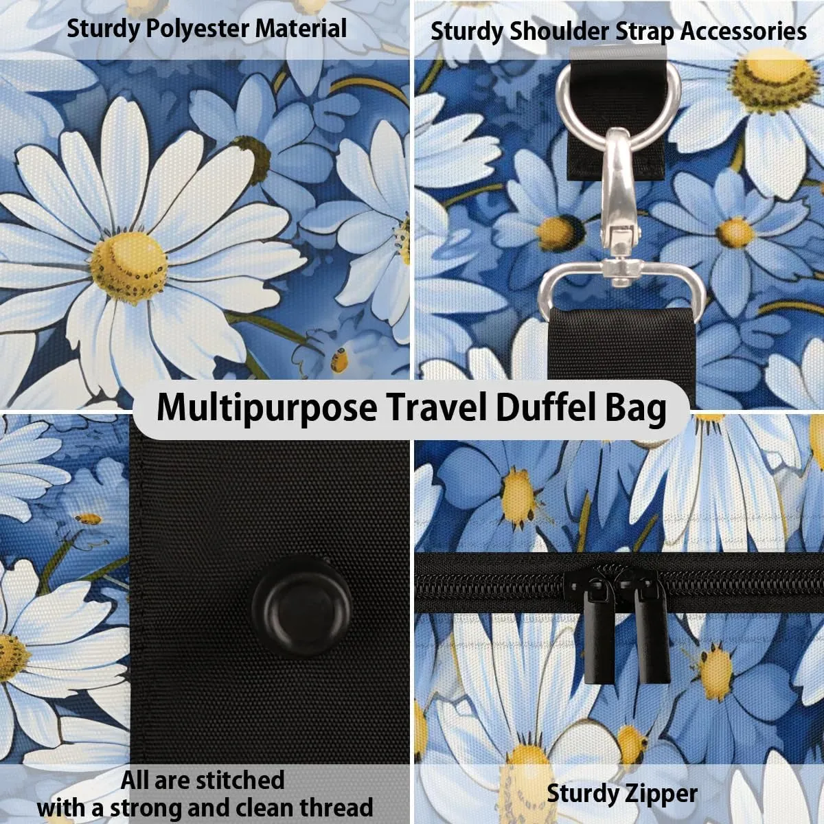 Blue Daisy Travel Duffel Bag for Women Men Waterproof Foldable Overnight Weekender Bag Large Capacity Sports Gym Bag