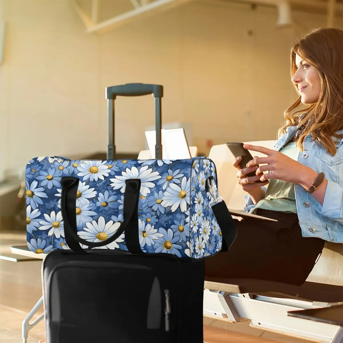 Blue Daisy Travel Duffel Bag for Women Men Waterproof Foldable Overnight Weekender Bag Large Capacity Sports Gym Bag