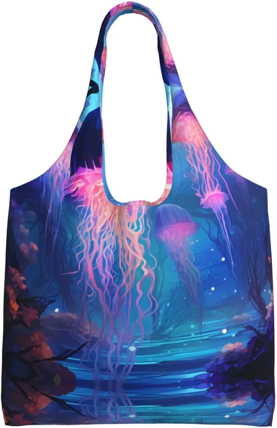 Blue Jellyfish Printed single-shoulder canvas bag, large-capacity grocery shopping bag, light and easy to carry