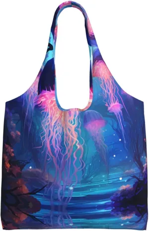 Blue Jellyfish Printed single-shoulder canvas bag, large-capacity grocery shopping bag, light and easy to carry