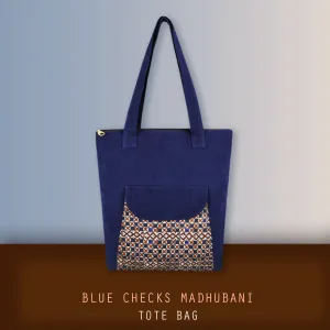 Blue Madhubani Checks Flap Tote Bag