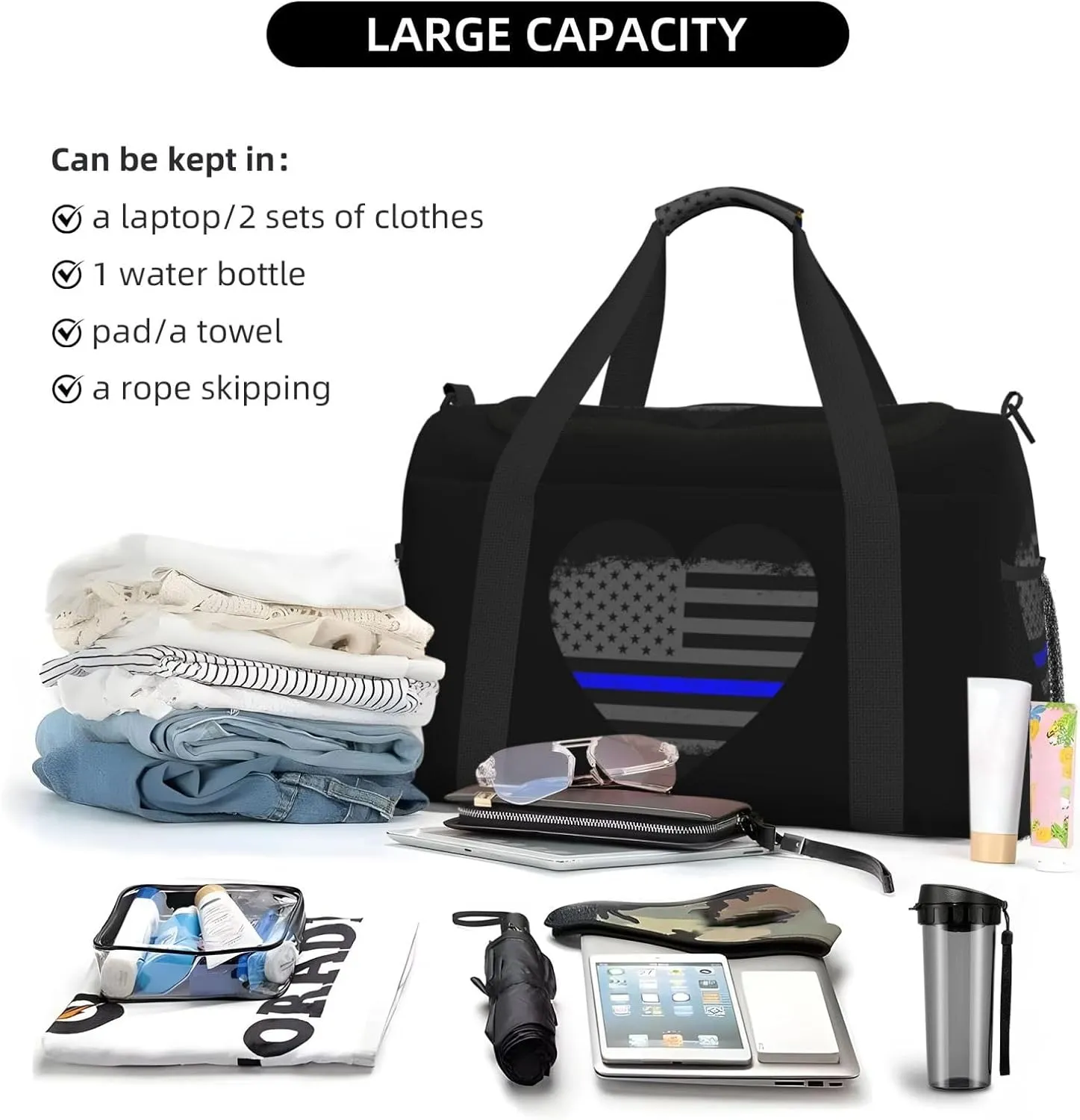 Blue Thin Line American Flag 0 Travel Duffel Bag Large Foldable Waterproof Overnight Bag For Beach Swim Bags Pool Sports Gym