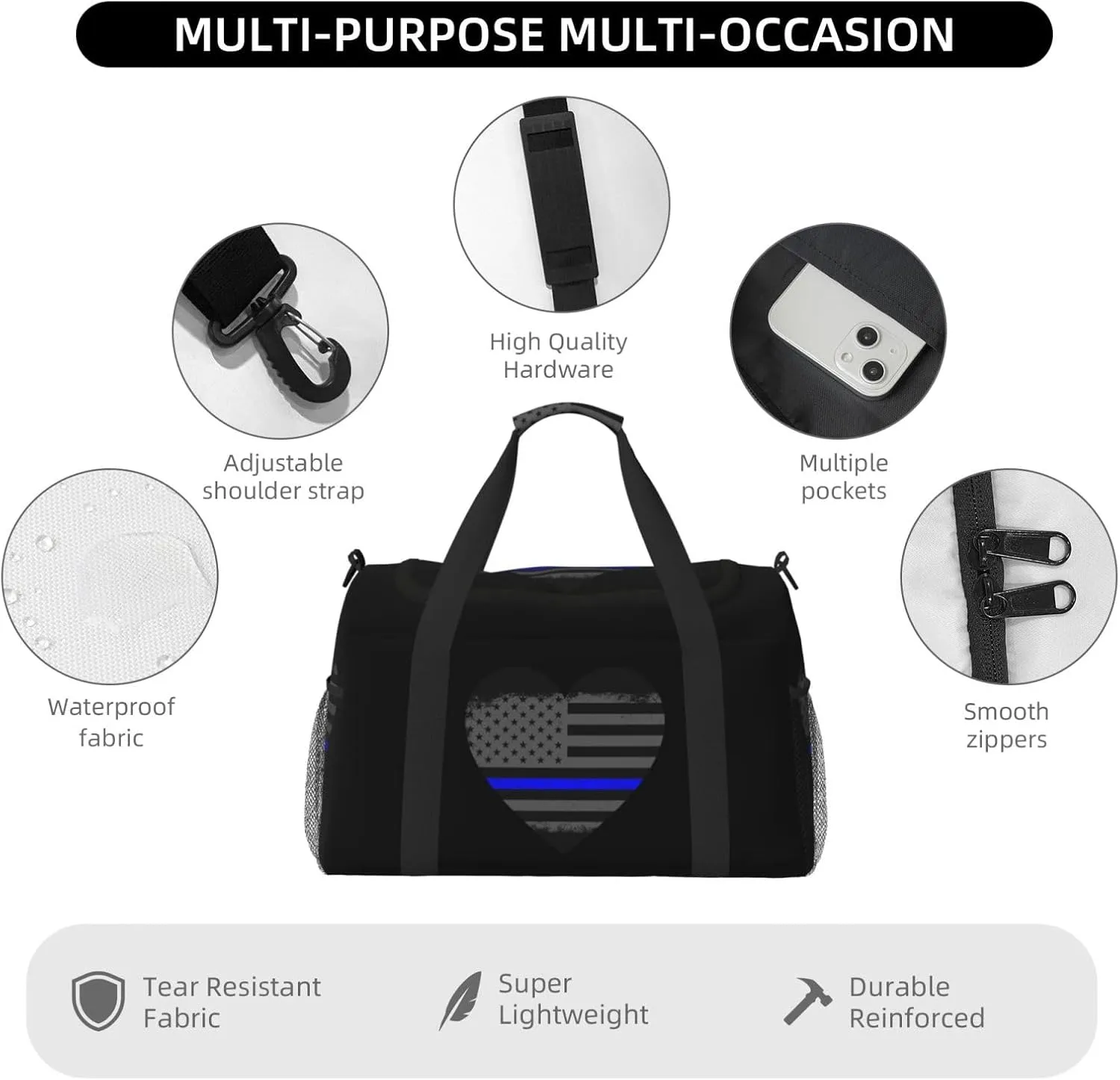 Blue Thin Line American Flag 0 Travel Duffel Bag Large Foldable Waterproof Overnight Bag For Beach Swim Bags Pool Sports Gym