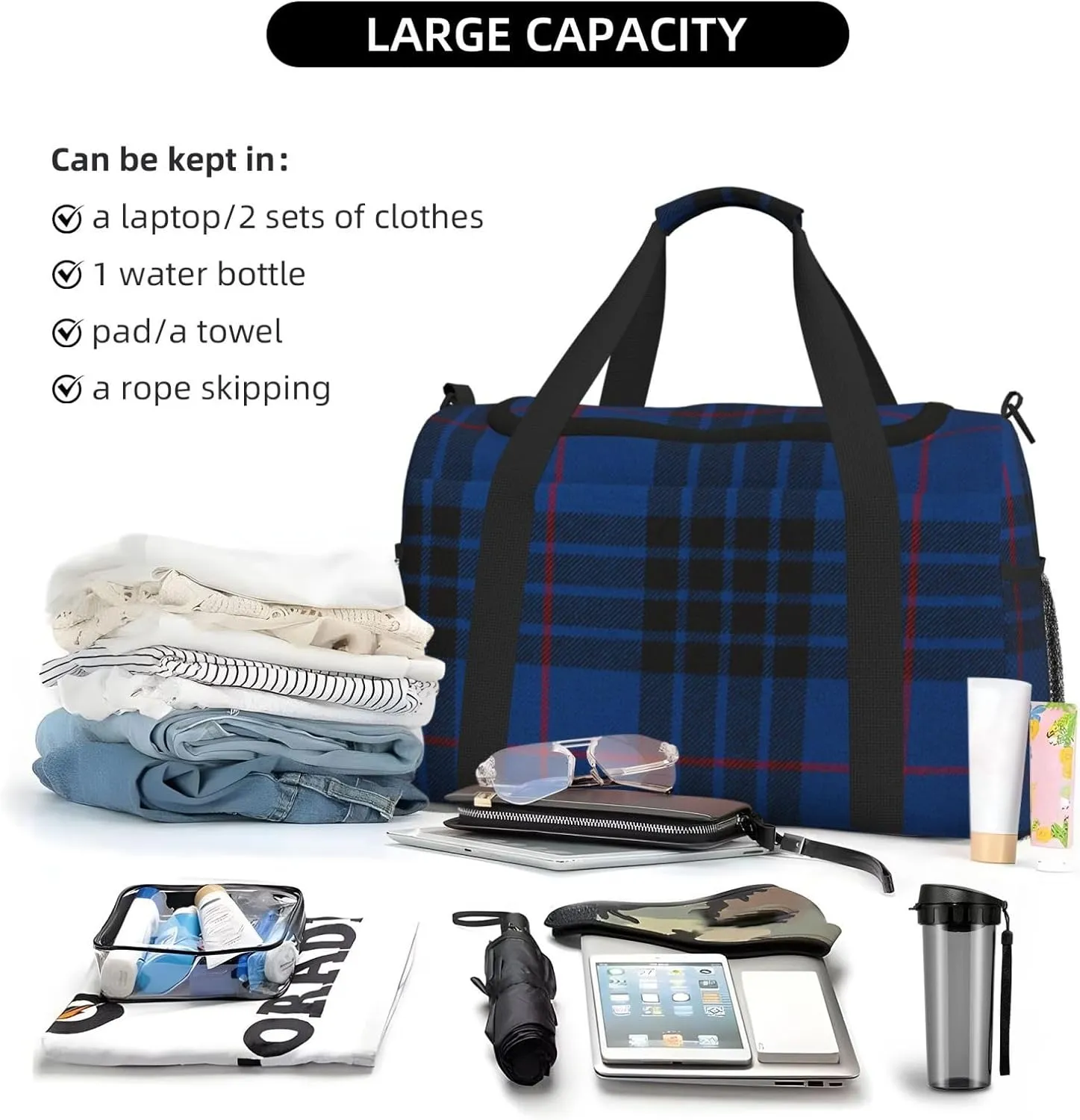 Blue Thin Line Grid Travel Duffel Bag Large Foldable Waterproof Overnight Bag For Beach Swim Bags Pool Sports Gym