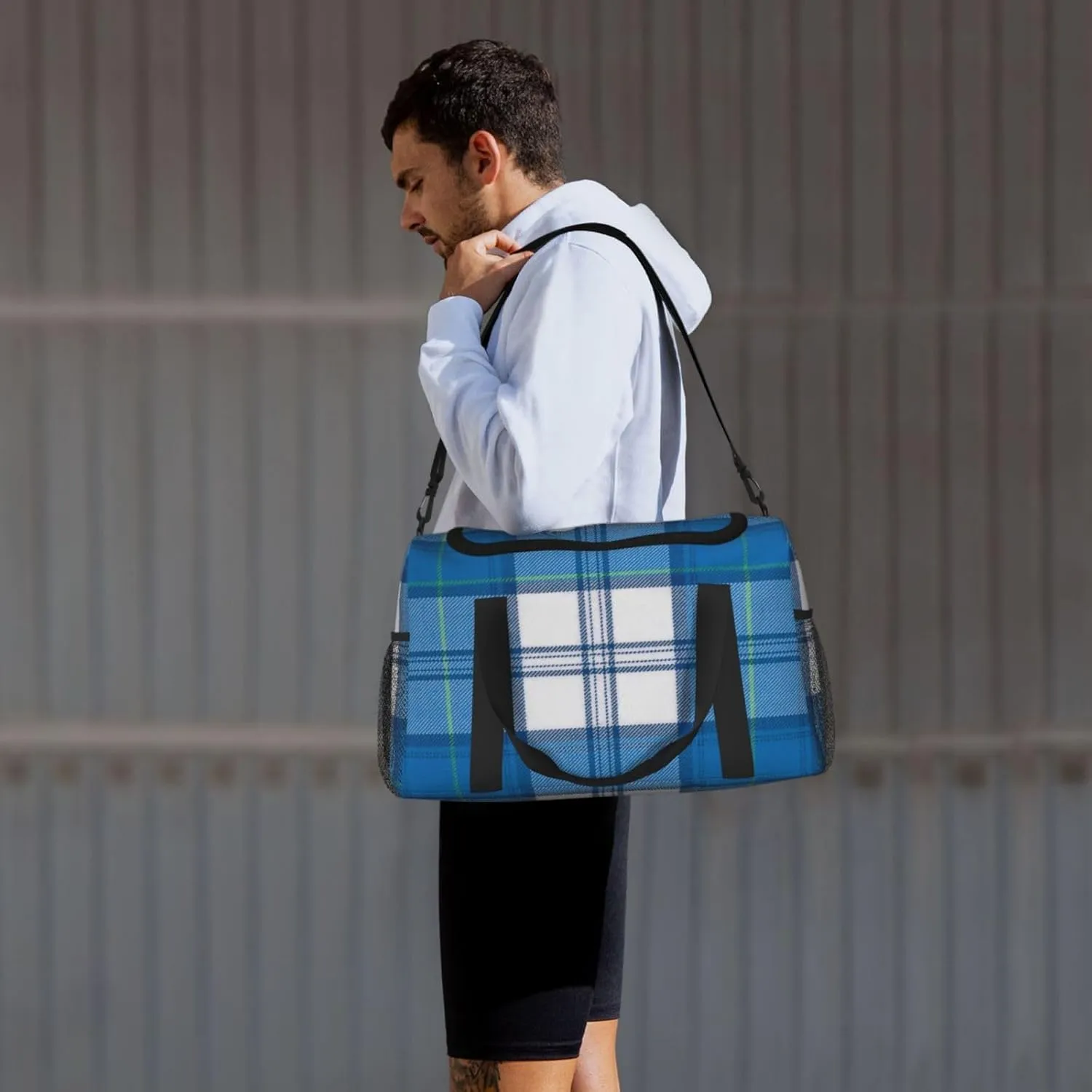 Blue Thin Line Grid Travel Duffel Bag Large Foldable Waterproof Overnight Bag For Beach Swim Bags Pool Sports Gym