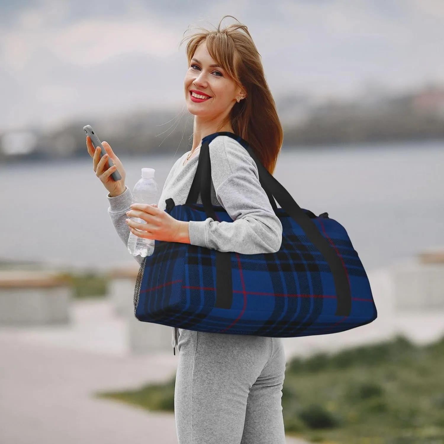 Blue Thin Line Grid Travel Duffel Bag Large Foldable Waterproof Overnight Bag For Beach Swim Bags Pool Sports Gym