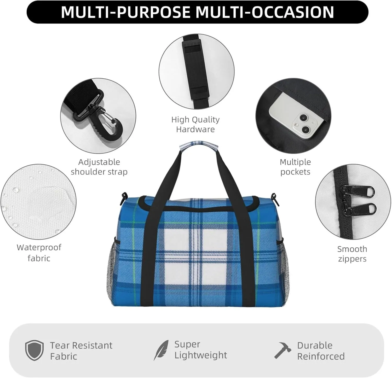 Blue Thin Line Grid Travel Duffel Bag Large Foldable Waterproof Overnight Bag For Beach Swim Bags Pool Sports Gym