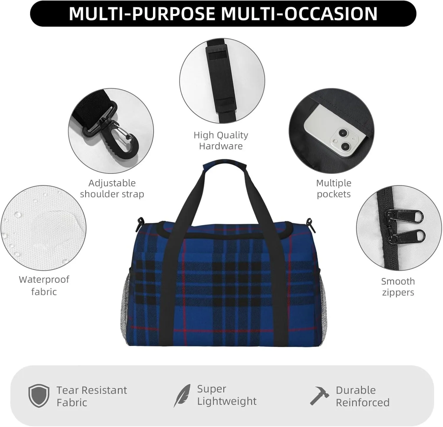 Blue Thin Line Grid Travel Duffel Bag Large Foldable Waterproof Overnight Bag For Beach Swim Bags Pool Sports Gym
