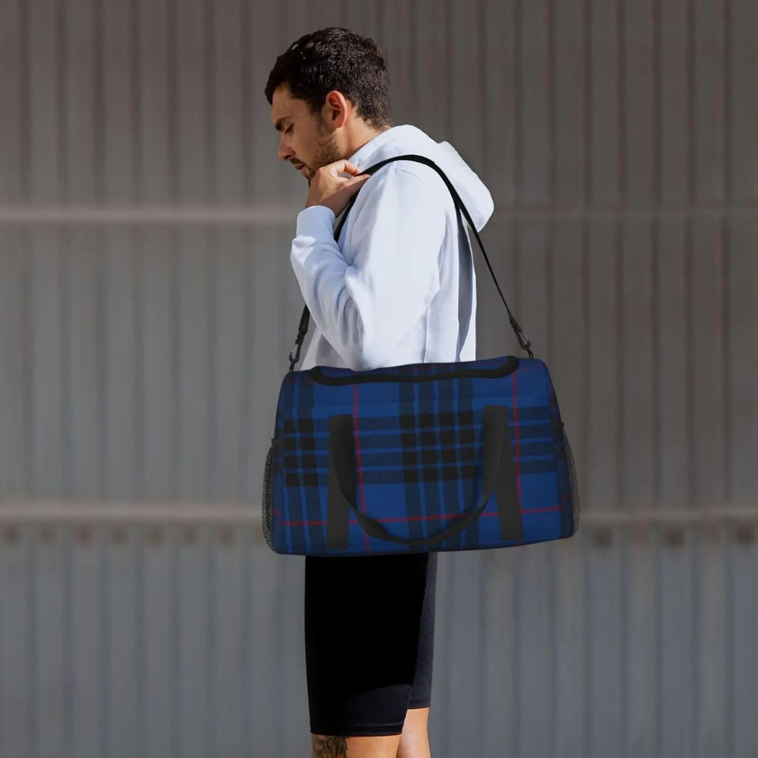 Blue Thin Line Grid Travel Duffel Bag Large Foldable Waterproof Overnight Bag For Beach Swim Bags Pool Sports Gym