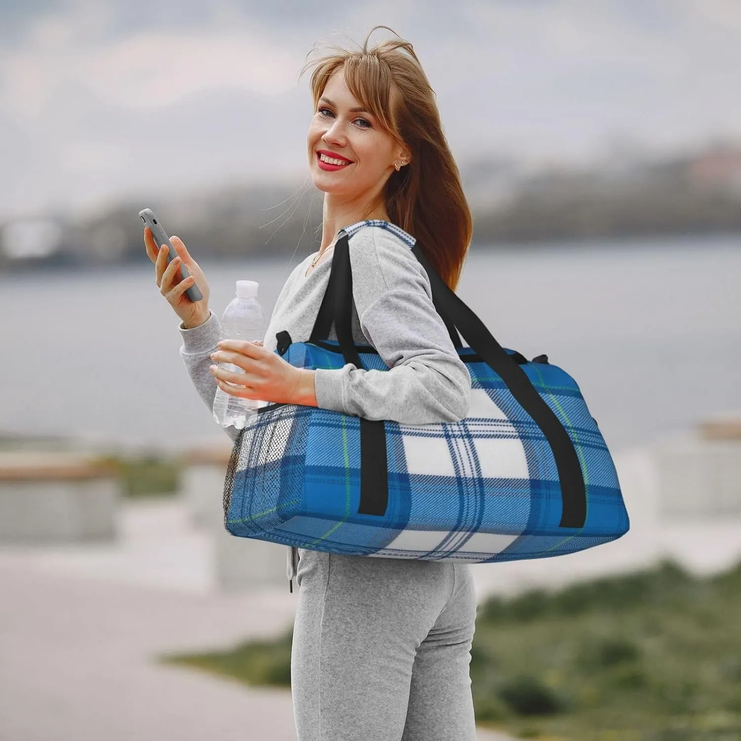 Blue Thin Line Grid Travel Duffel Bag Large Foldable Waterproof Overnight Bag For Beach Swim Bags Pool Sports Gym