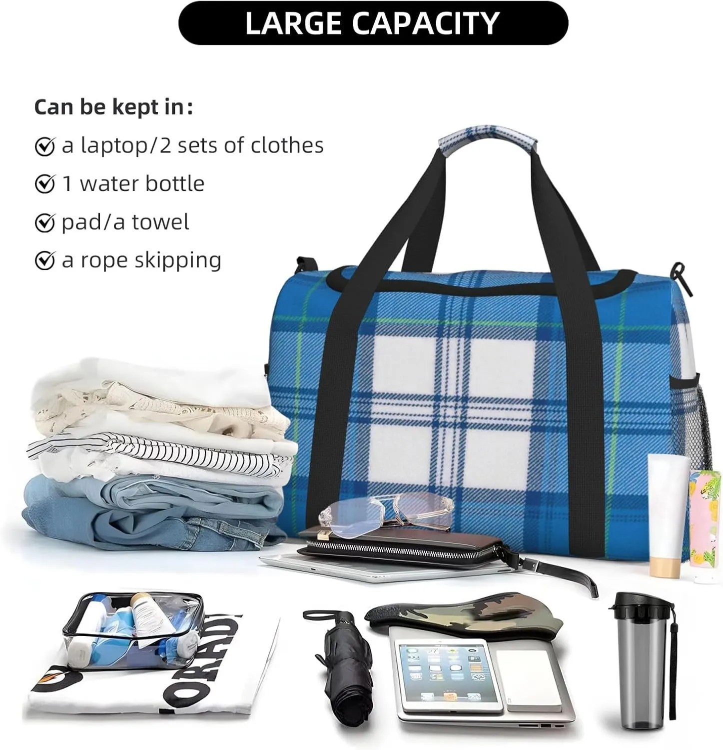 Blue Thin Line Grid Travel Duffel Bag Large Foldable Waterproof Overnight Bag For Beach Swim Bags Pool Sports Gym