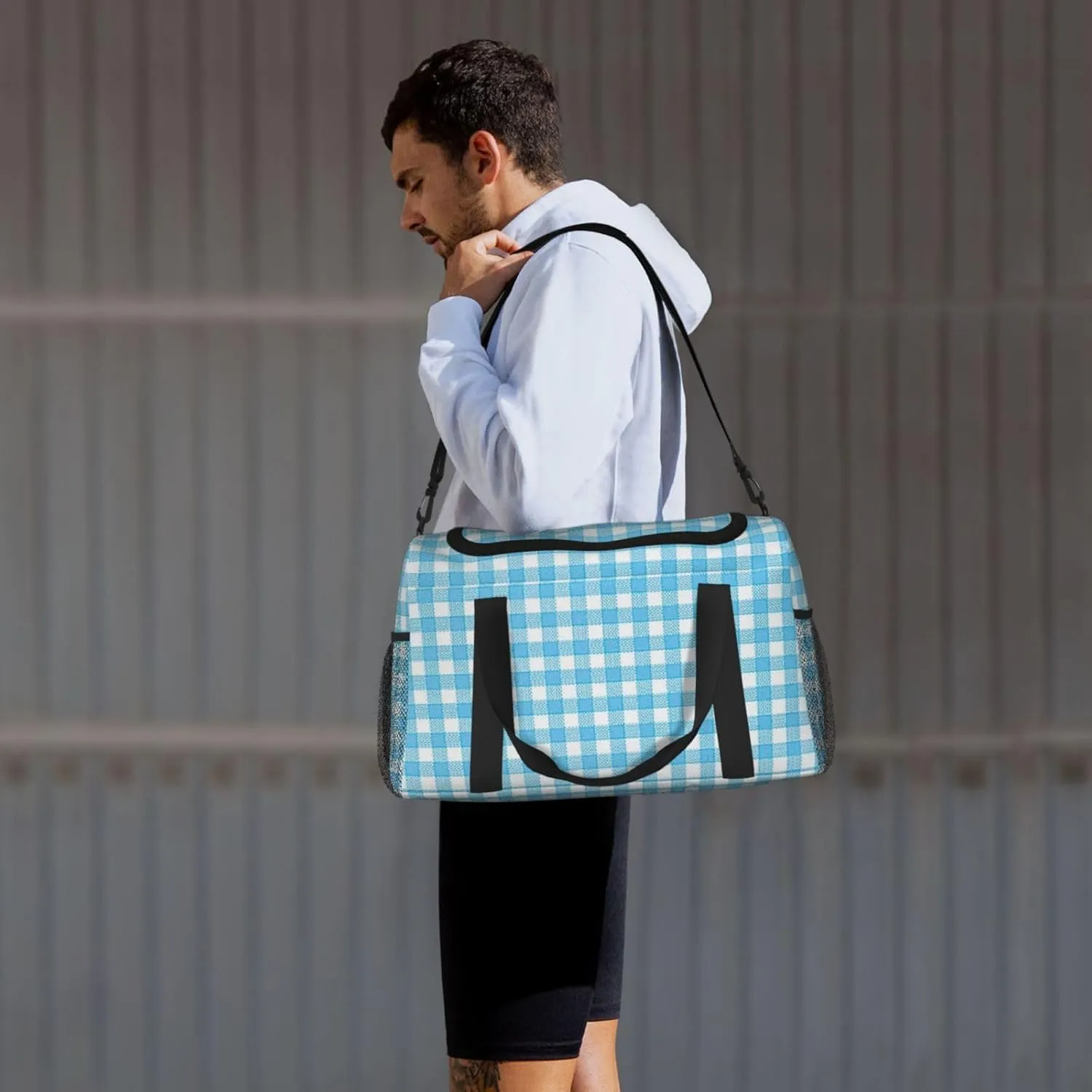 Blue White Thin Line Travel Duffel Bag Large Foldable Waterproof Overnight Bag For Beach Swim Bags Pool Sports Gym
