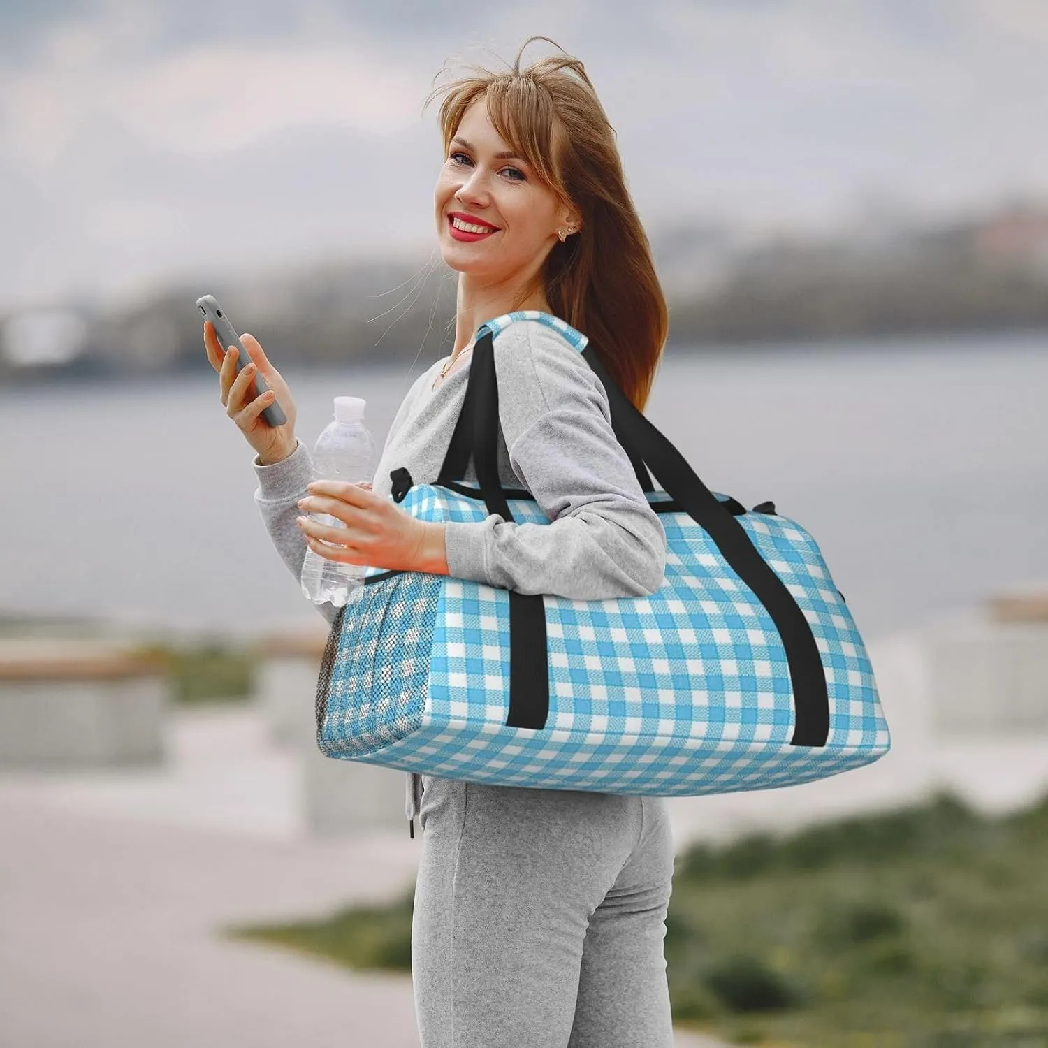 Blue White Thin Line Travel Duffel Bag Large Foldable Waterproof Overnight Bag For Beach Swim Bags Pool Sports Gym