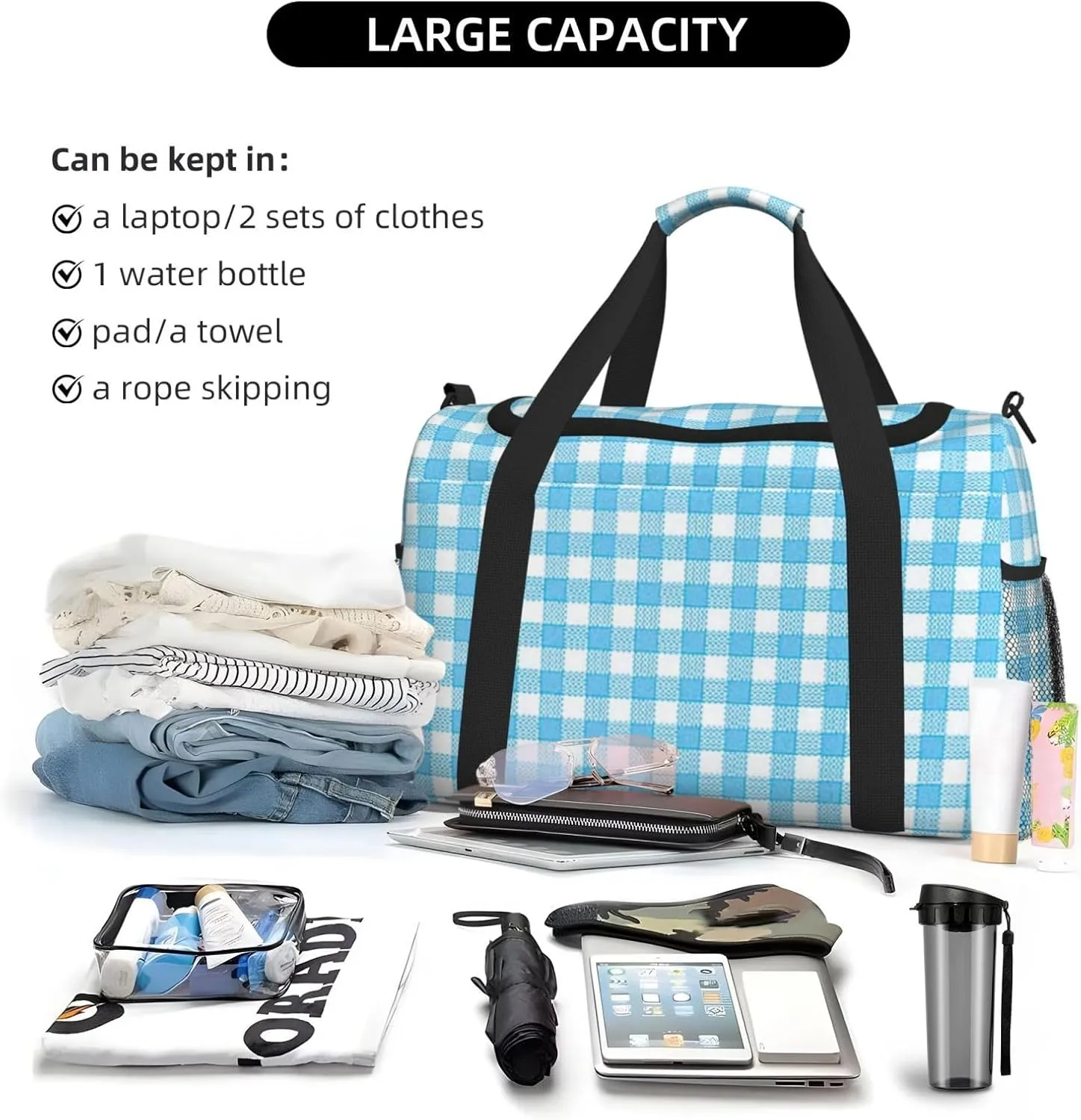 Blue White Thin Line Travel Duffel Bag Large Foldable Waterproof Overnight Bag For Beach Swim Bags Pool Sports Gym