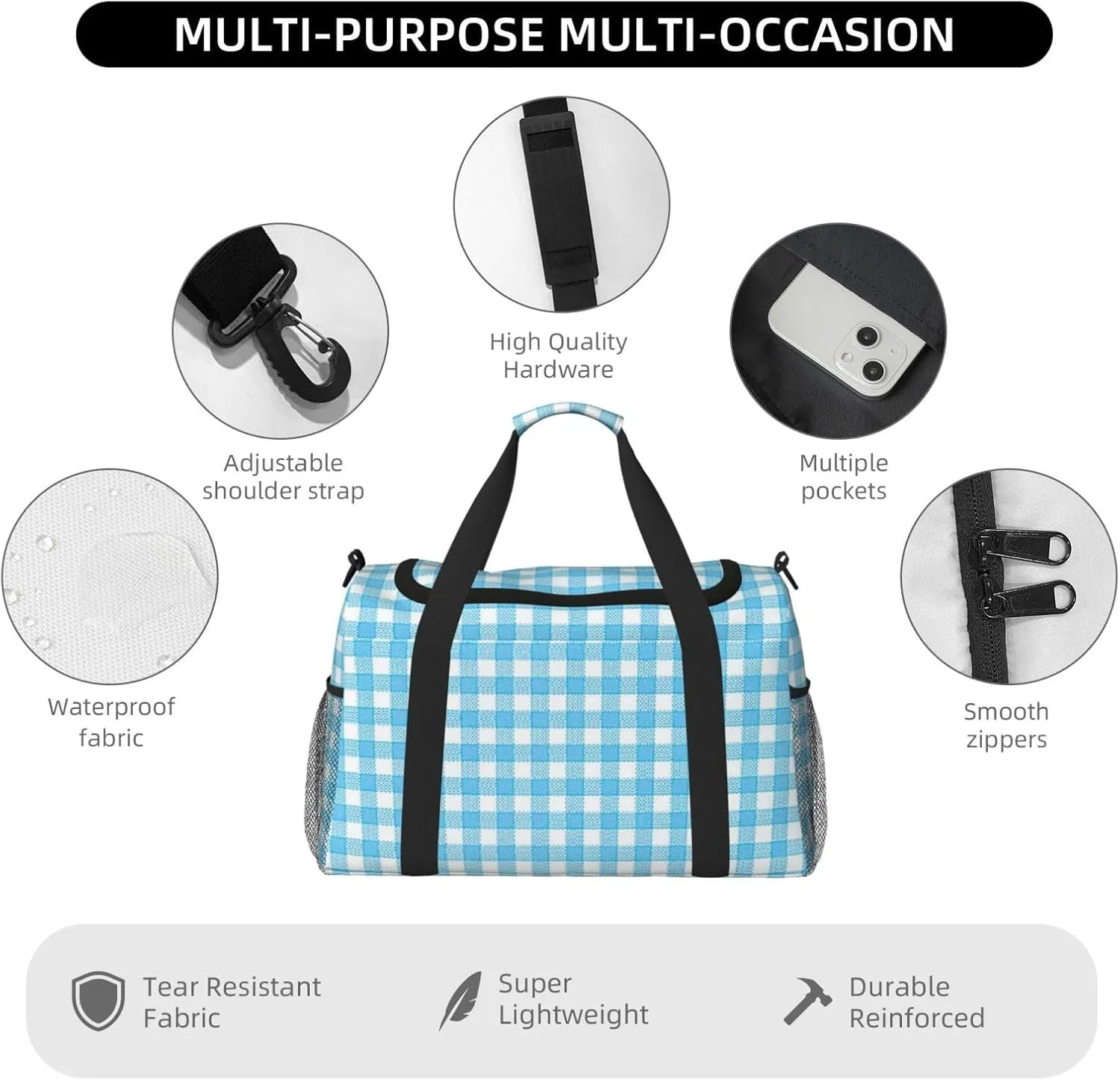 Blue White Thin Line Travel Duffel Bag Large Foldable Waterproof Overnight Bag For Beach Swim Bags Pool Sports Gym