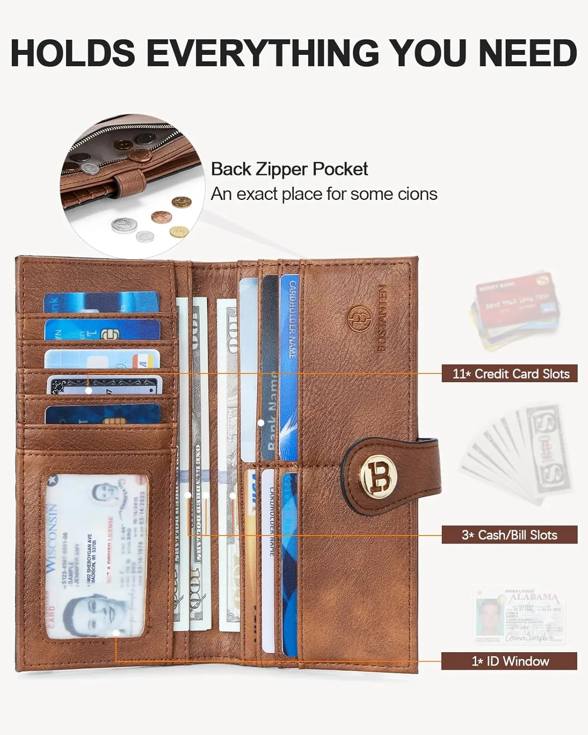 BOSTANTEN Slim Wallet Women Leather RFID Blocking Credit Card Holder Bifold Thin Wallet with Zipper Pocket Black＆Brown