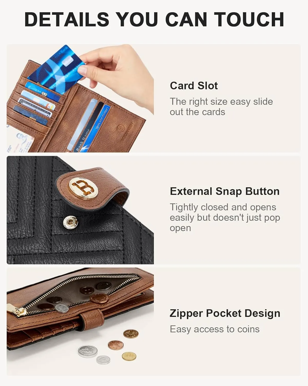 BOSTANTEN Slim Wallet Women Leather RFID Blocking Credit Card Holder Bifold Thin Wallet with Zipper Pocket Black＆Brown