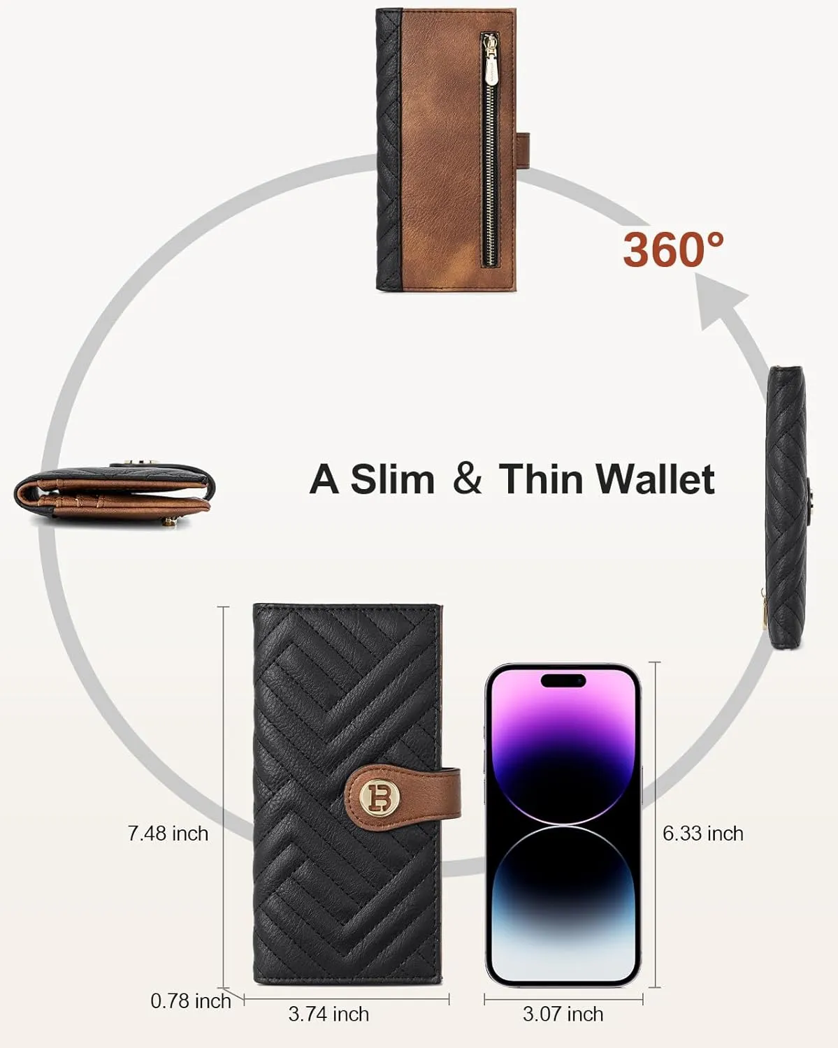 BOSTANTEN Slim Wallet Women Leather RFID Blocking Credit Card Holder Bifold Thin Wallet with Zipper Pocket Black＆Brown