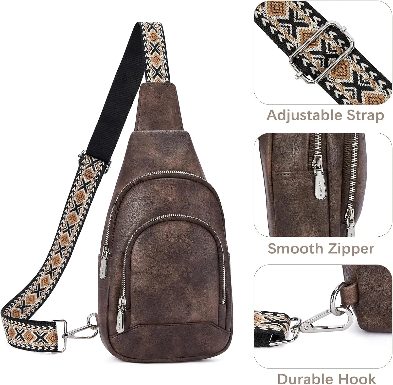 BOSTANTEN Sling Bag for Women Crossbody Purse Crossbody Bag Leather Chest Bag with Adjustable Guitar Strap for Travel