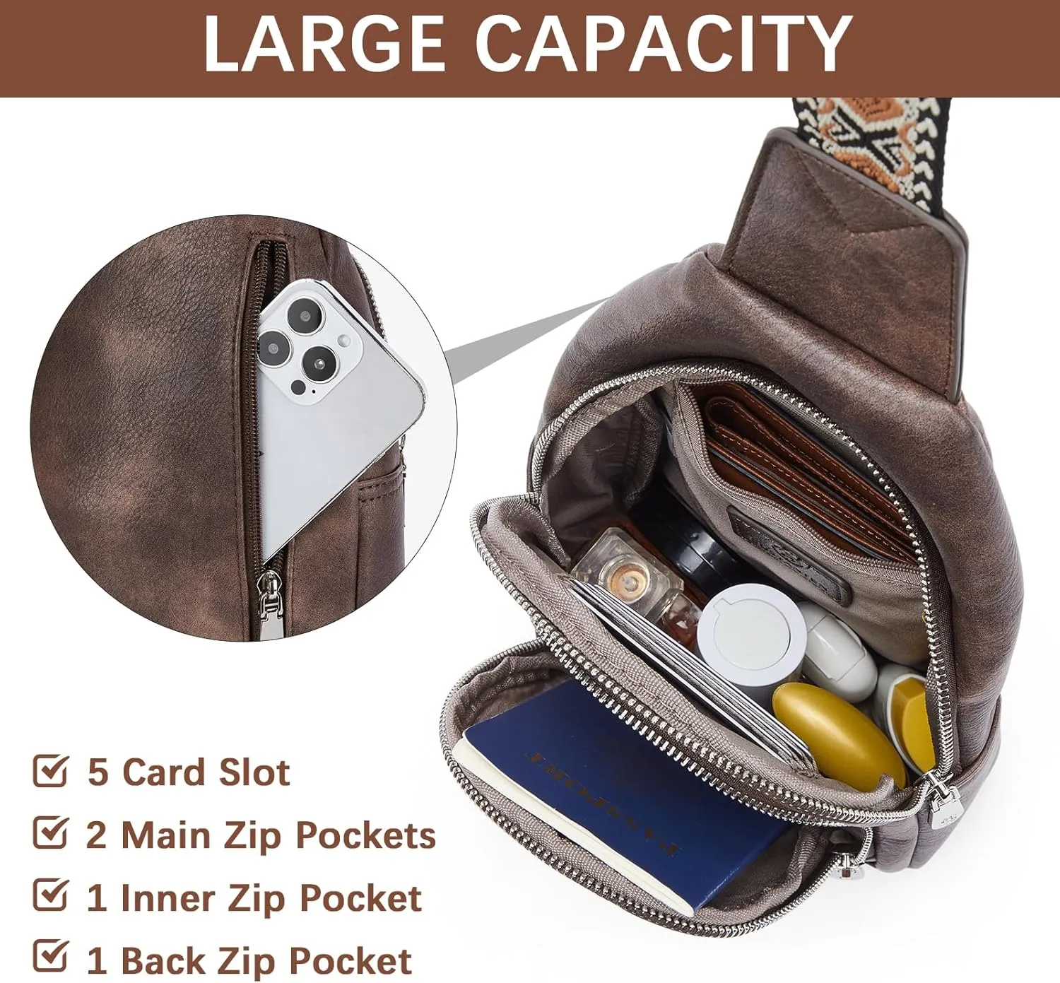 BOSTANTEN Sling Bag for Women Crossbody Purse Crossbody Bag Leather Chest Bag with Adjustable Guitar Strap for Travel