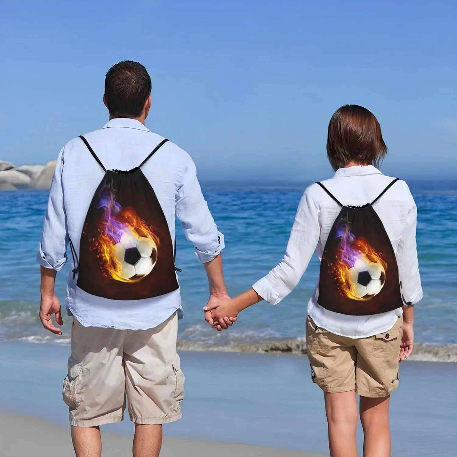 Boys Drawstring Bags with Fire Soccer Ball, Cool Sports Drawstring Backpack for Teens Boys Girls Adults Women Men, Black Daypack Bag for Work Gym Swim Travel Hiking School, Small