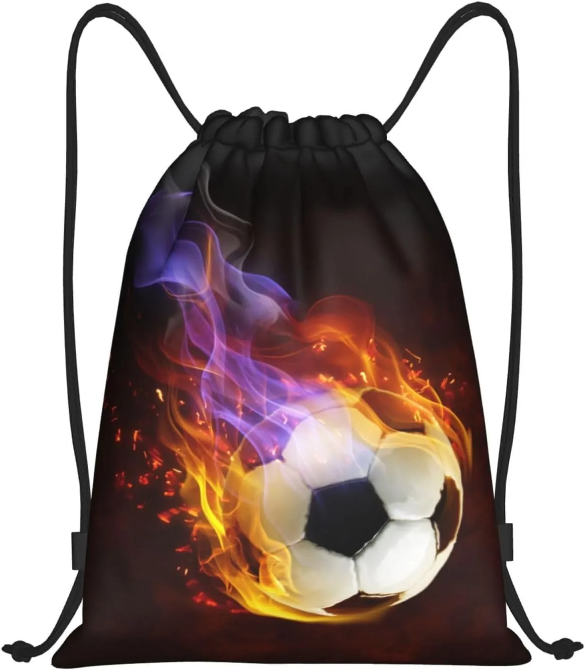 Boys Drawstring Bags with Fire Soccer Ball, Cool Sports Drawstring Backpack for Teens Boys Girls Adults Women Men, Black Daypack Bag for Work Gym Swim Travel Hiking School, Small