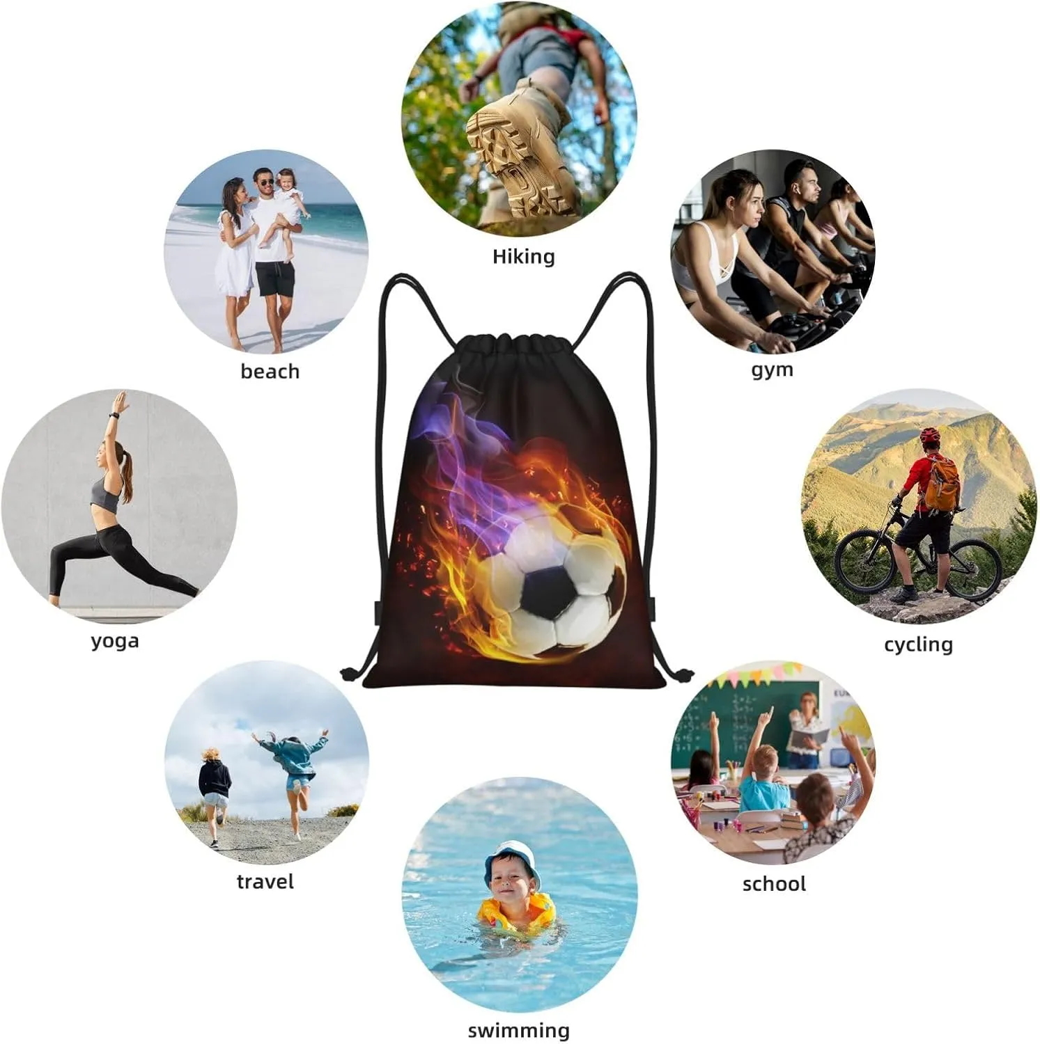 Boys Drawstring Bags with Fire Soccer Ball, Cool Sports Drawstring Backpack for Teens Boys Girls Adults Women Men, Black Daypack Bag for Work Gym Swim Travel Hiking School, Small