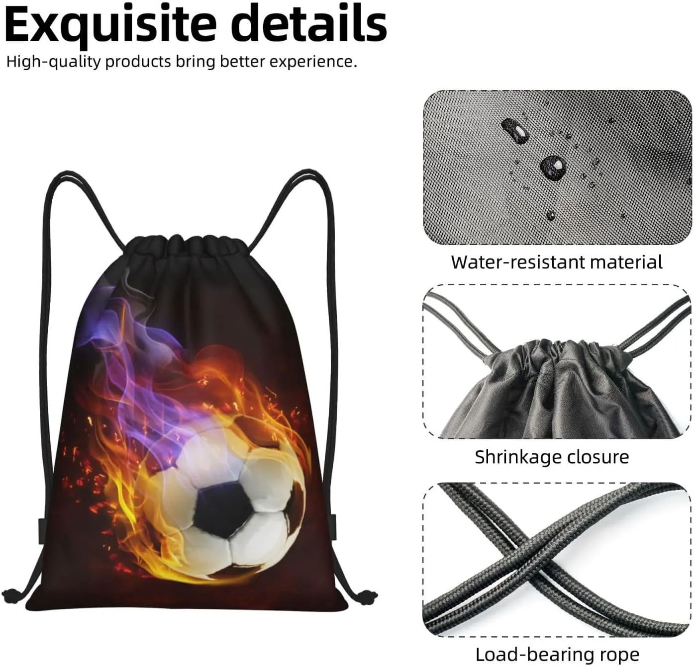 Boys Drawstring Bags with Fire Soccer Ball, Cool Sports Drawstring Backpack for Teens Boys Girls Adults Women Men, Black Daypack Bag for Work Gym Swim Travel Hiking School, Small