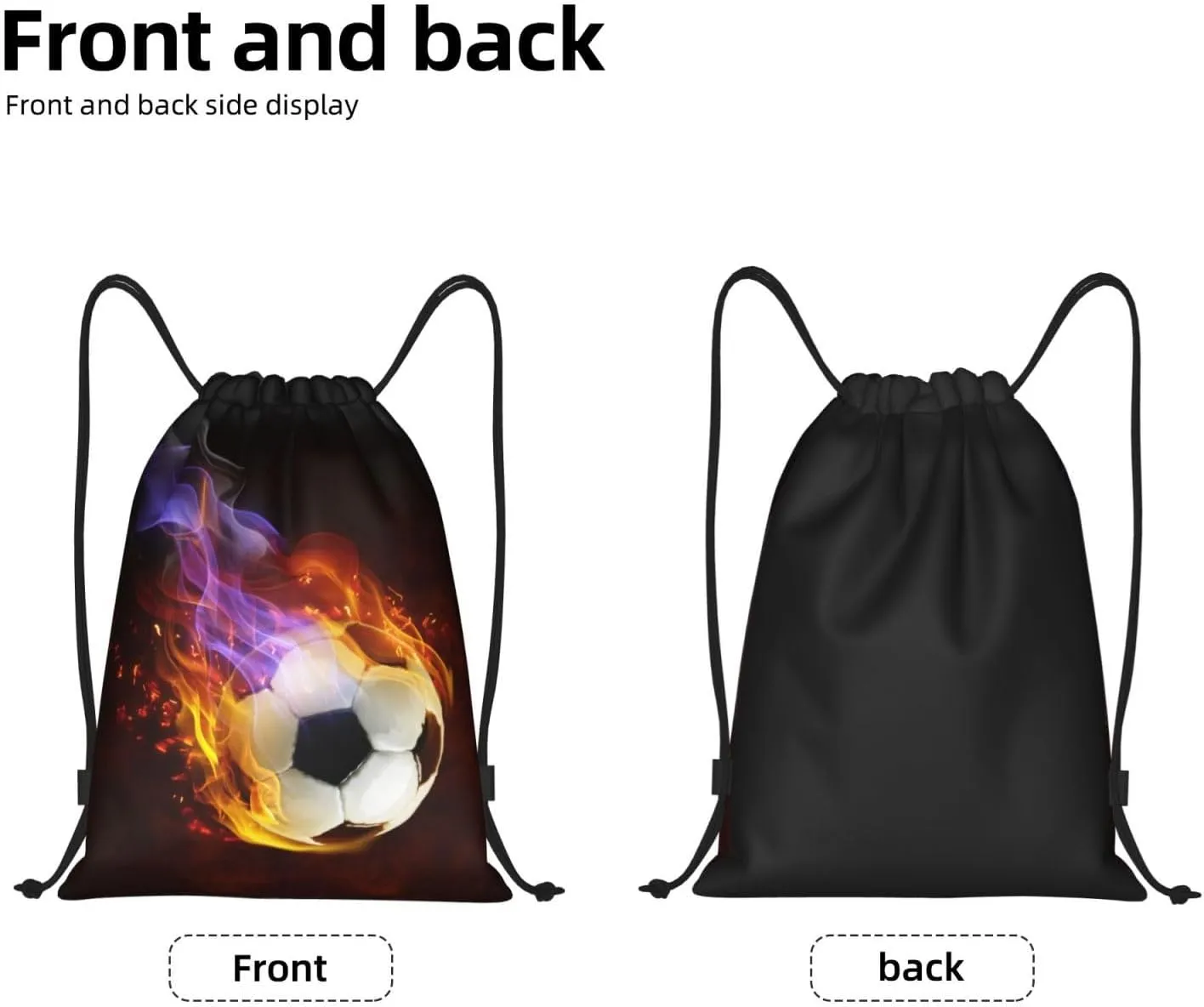 Boys Drawstring Bags with Fire Soccer Ball, Cool Sports Drawstring Backpack for Teens Boys Girls Adults Women Men, Black Daypack Bag for Work Gym Swim Travel Hiking School, Small