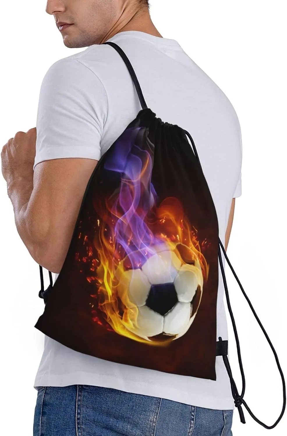 Boys Drawstring Bags with Fire Soccer Ball, Cool Sports Drawstring Backpack for Teens Boys Girls Adults Women Men, Black Daypack Bag for Work Gym Swim Travel Hiking School, Small