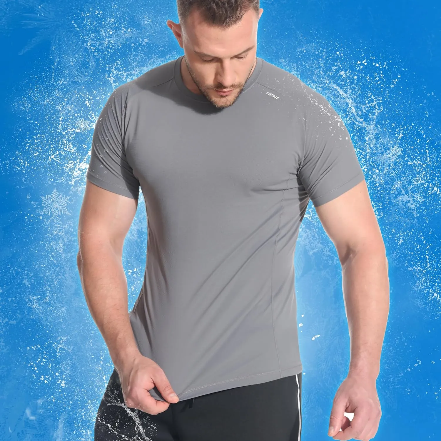 BROKIG Mens 4.9oz Cooling Gym Workout Shirts,Bodybuilding Athletic Running Shirt Casual Crew Neck Fitted Short Sleeve