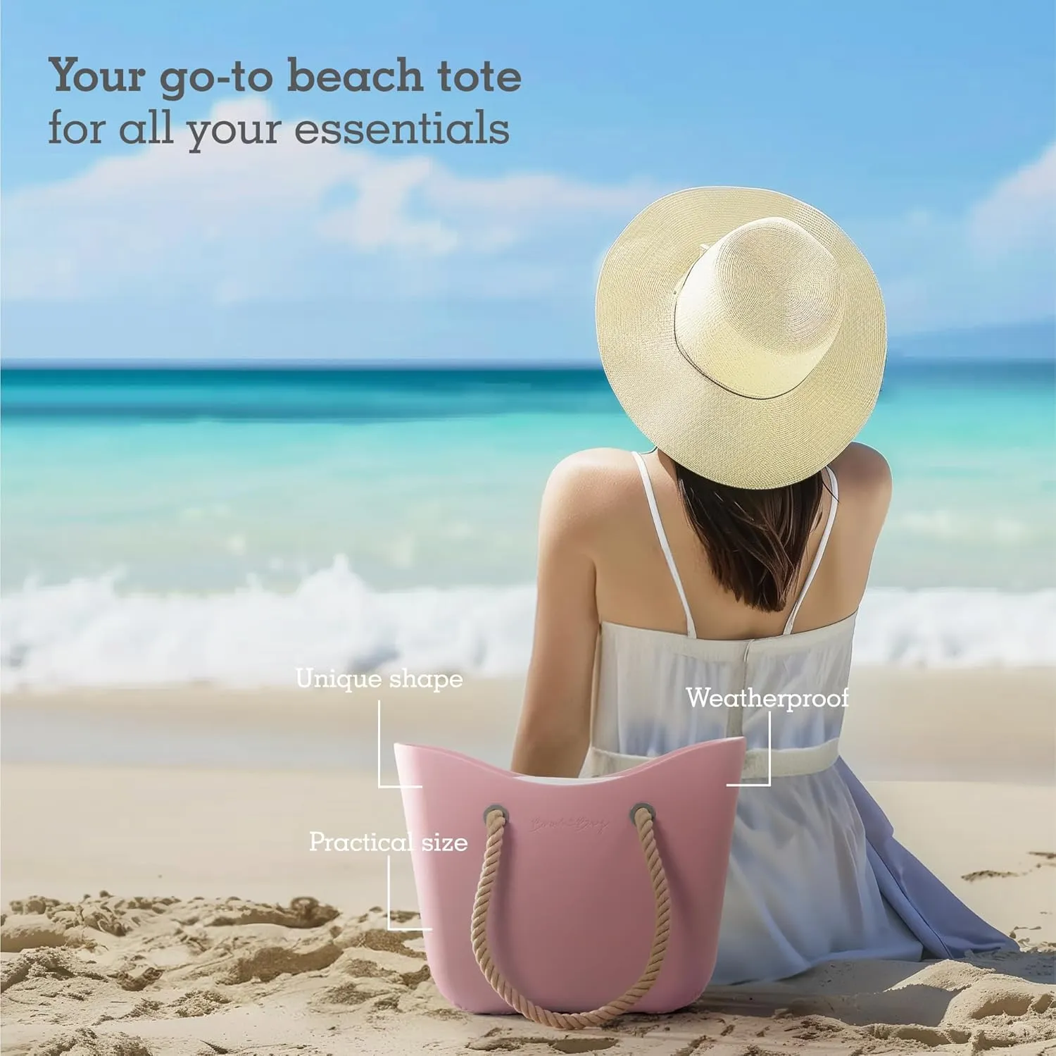 Brook   Bay Beach Bag Rubber Tote Bag with Zipper - Travel Bag, Beach Bags Waterproof Sandproof, Beach Bag for Women