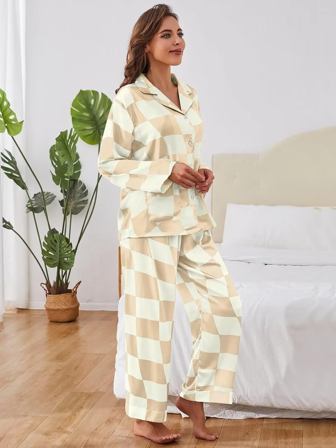 Brosloth Womens Silk Pajamas Button Up Pajama Soft Long Sleeve Satin Printed Loungewear Set