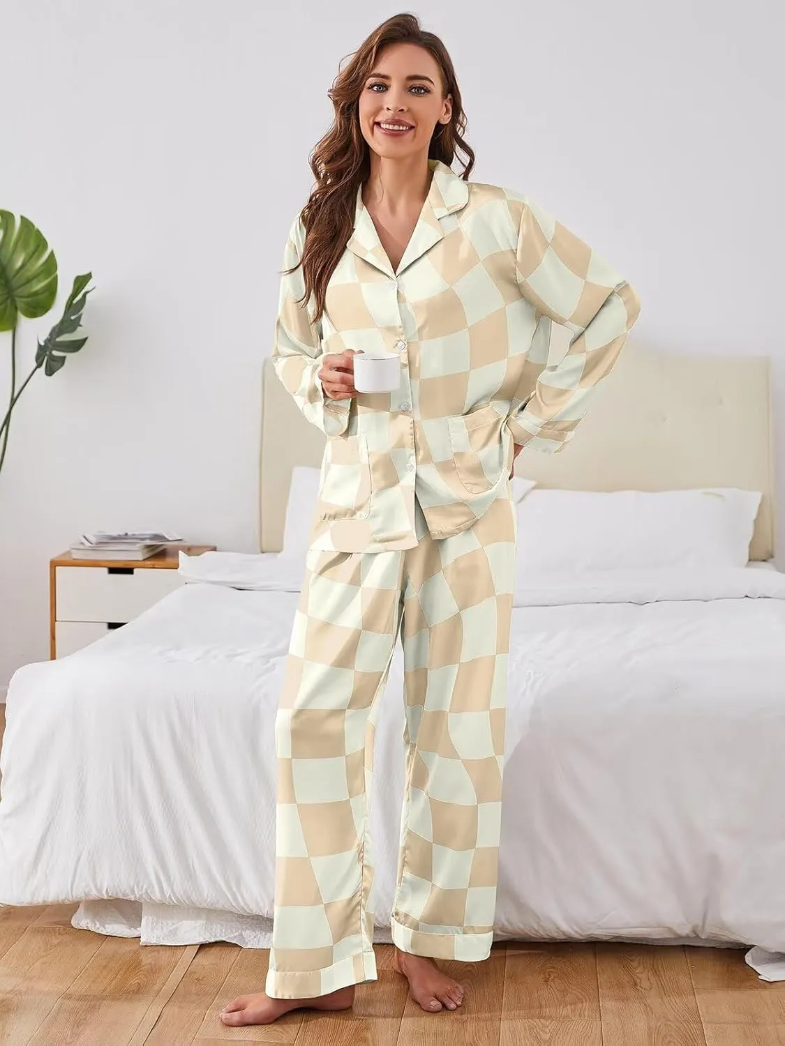 Brosloth Womens Silk Pajamas Button Up Pajama Soft Long Sleeve Satin Printed Loungewear Set