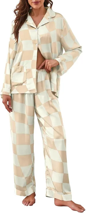 Brosloth Womens Silk Pajamas Button Up Pajama Soft Long Sleeve Satin Printed Loungewear Set