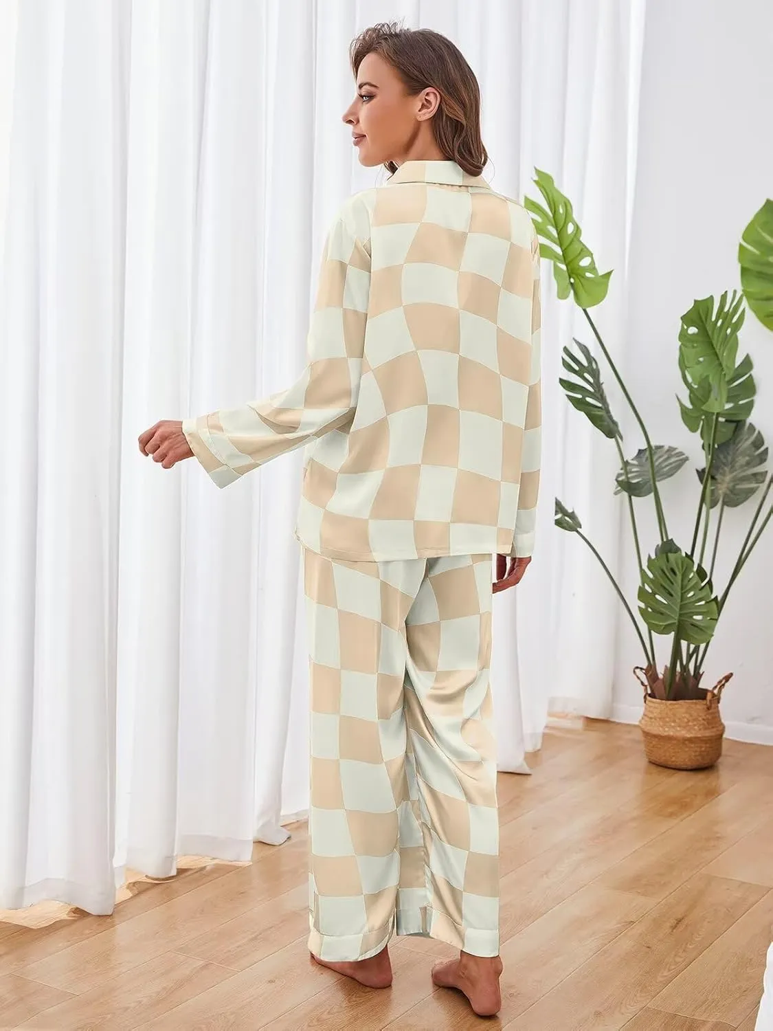 Brosloth Womens Silk Pajamas Button Up Pajama Soft Long Sleeve Satin Printed Loungewear Set