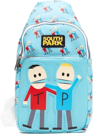 Buckle-Down Comedy Central Vegan Leather Crossbody Sling Bag, South Park Terrance and Phillip Pose Applique, Blue, 7" x 14"