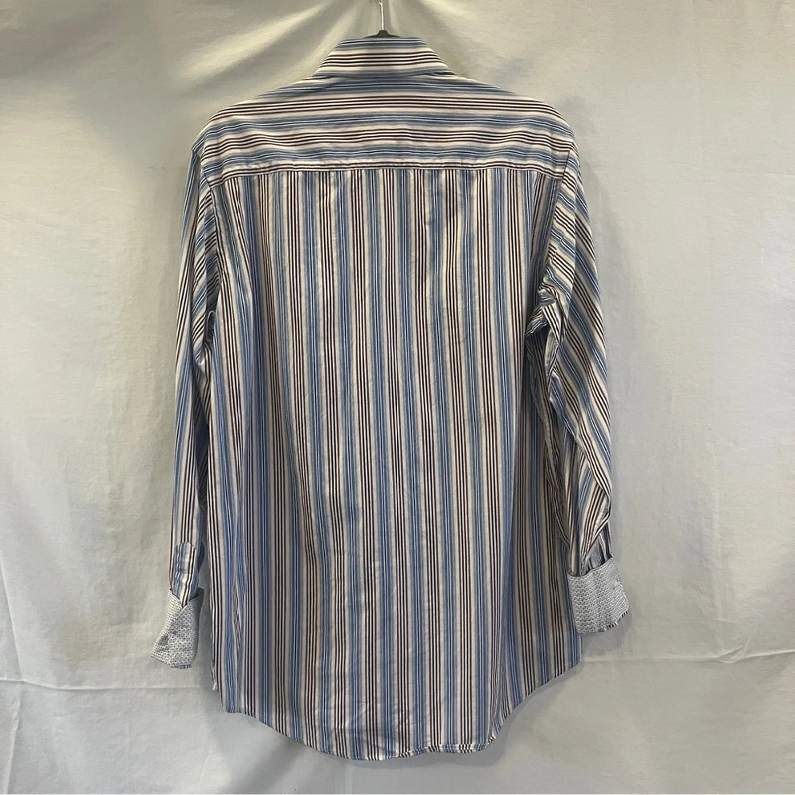Bugatchi Classic Fit Button Down Shirt Mens Striped Blue Brown Ivory Preppy Edgy