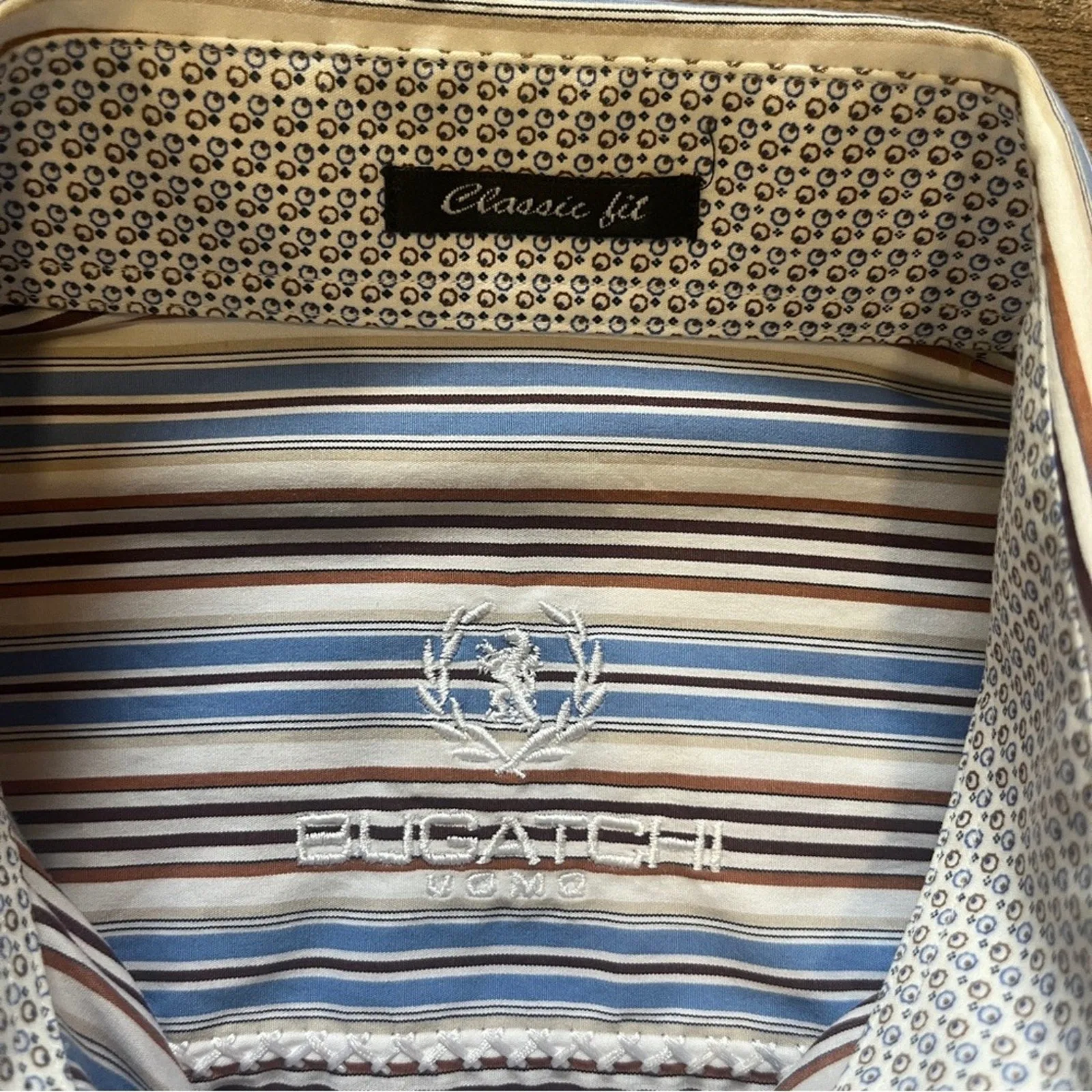 Bugatchi Classic Fit Button Down Shirt Mens Striped Blue Brown Ivory Preppy Edgy